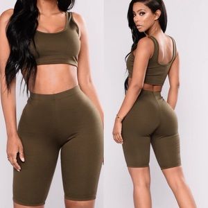 EUC Fashion Nova 2 Piece Bondoc Biker Short Set with Crop Top Olive Green Small